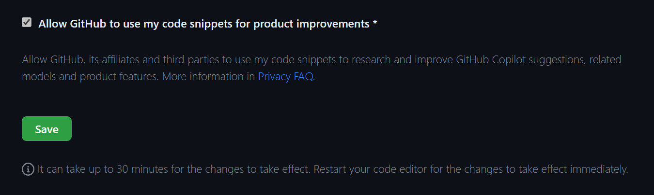 Allow GitHub To Use My Code Snippets For Product Improvements