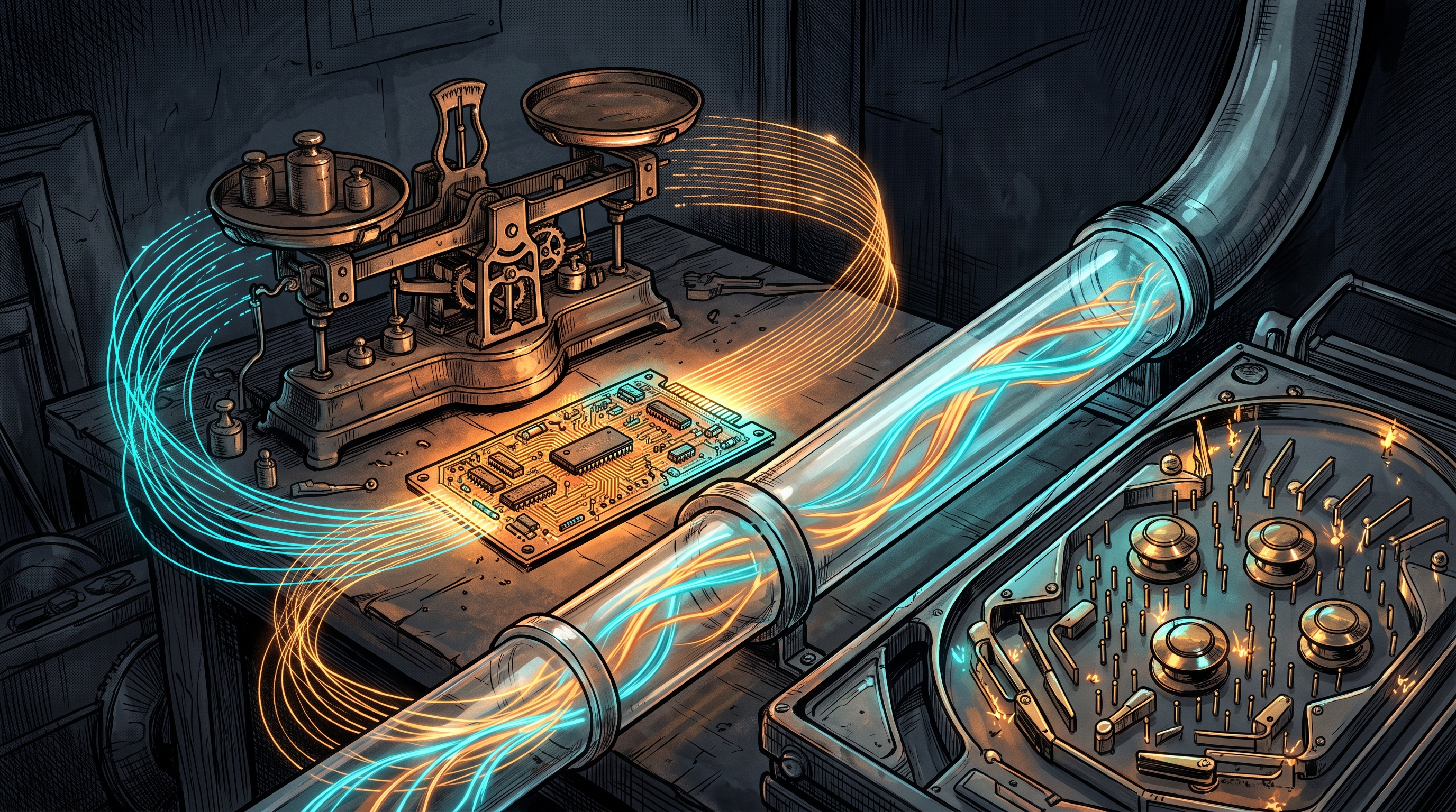 A brass wind-tunnel scale and glowing Amiga Copper circuit feeding a luminous Unix pipe across a dark obsidian workspace.