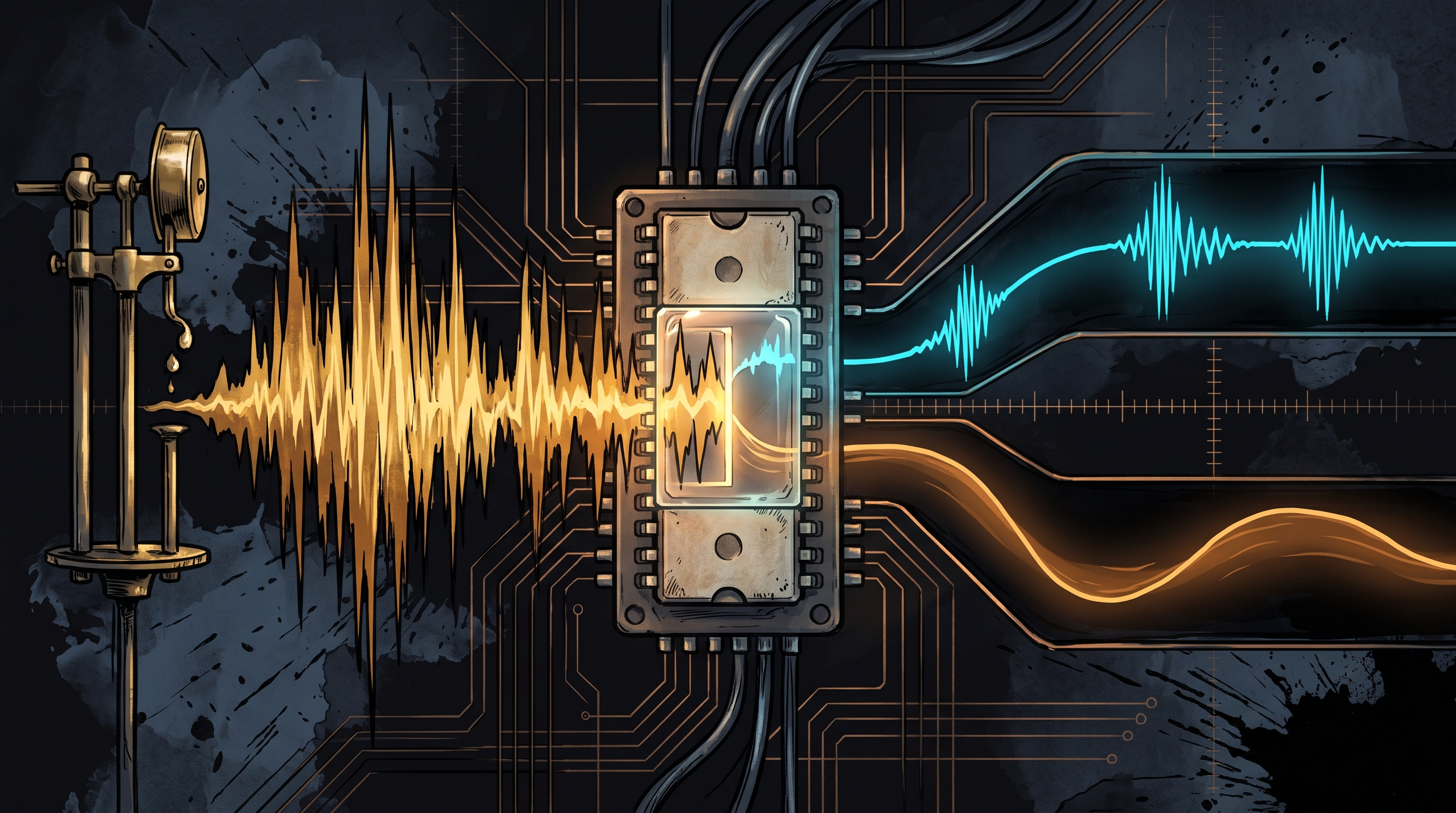 A glowing retro microchip filters amber soundwaves beneath a bright cyan vocal waveform in a dark obsidian studio.