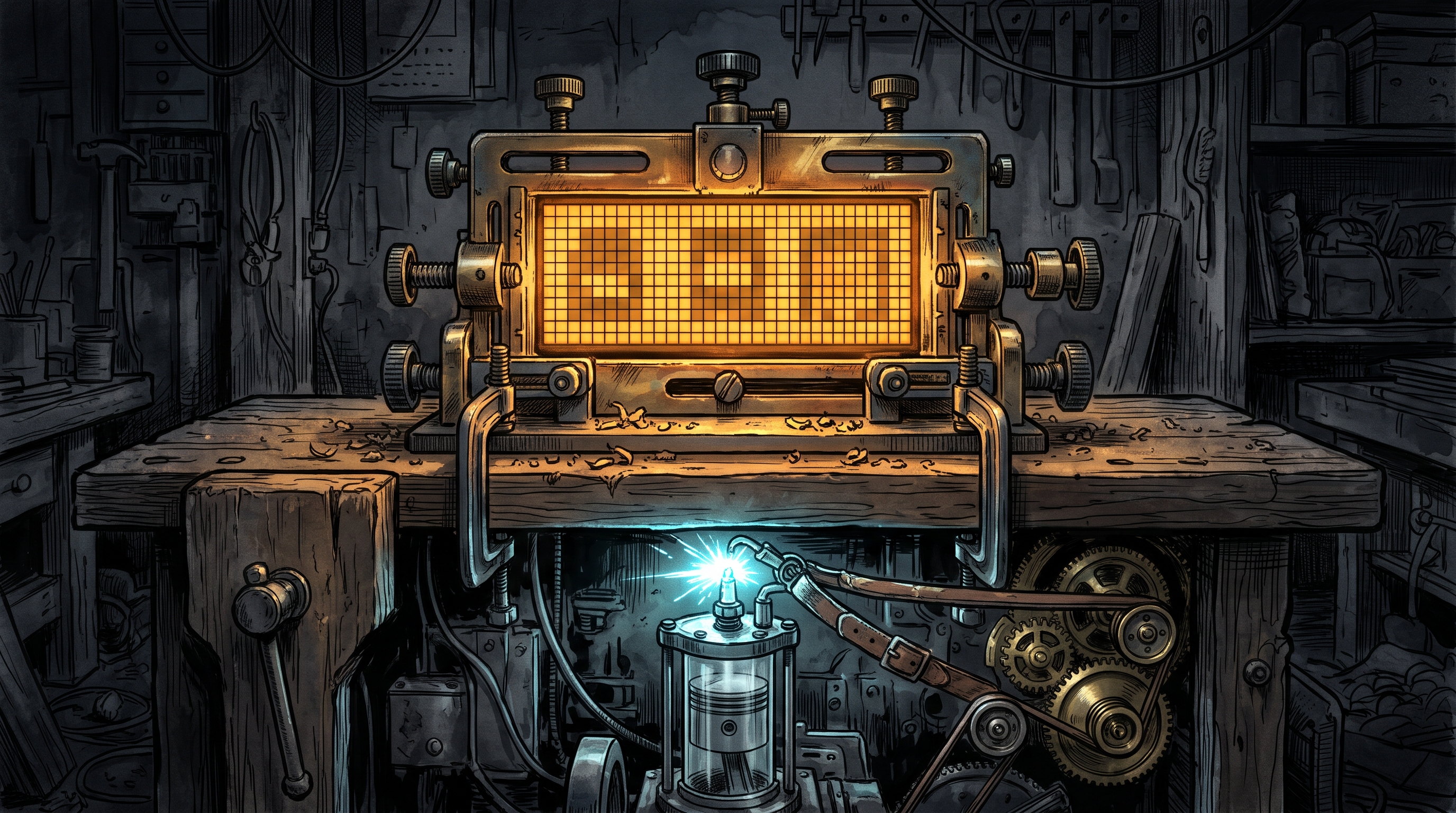 An ink-and-wash illustration of a brass router jig shaping glowing amber LED block glyphs above a four-stroke engine.