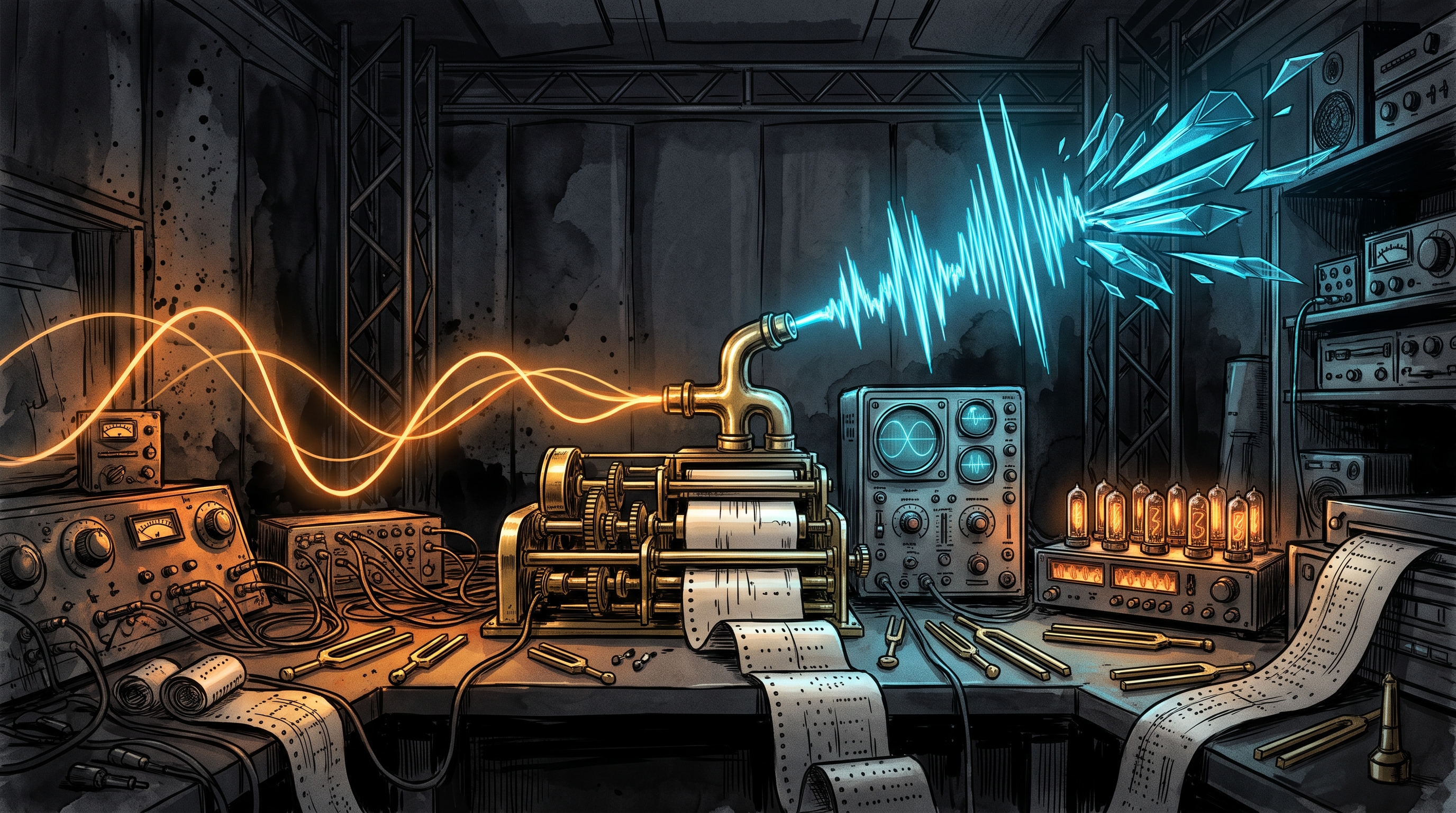 A brass player-piano mechanism and vintage oscilloscope mixing glowing cyan and amber soundwaves in a dark studio.