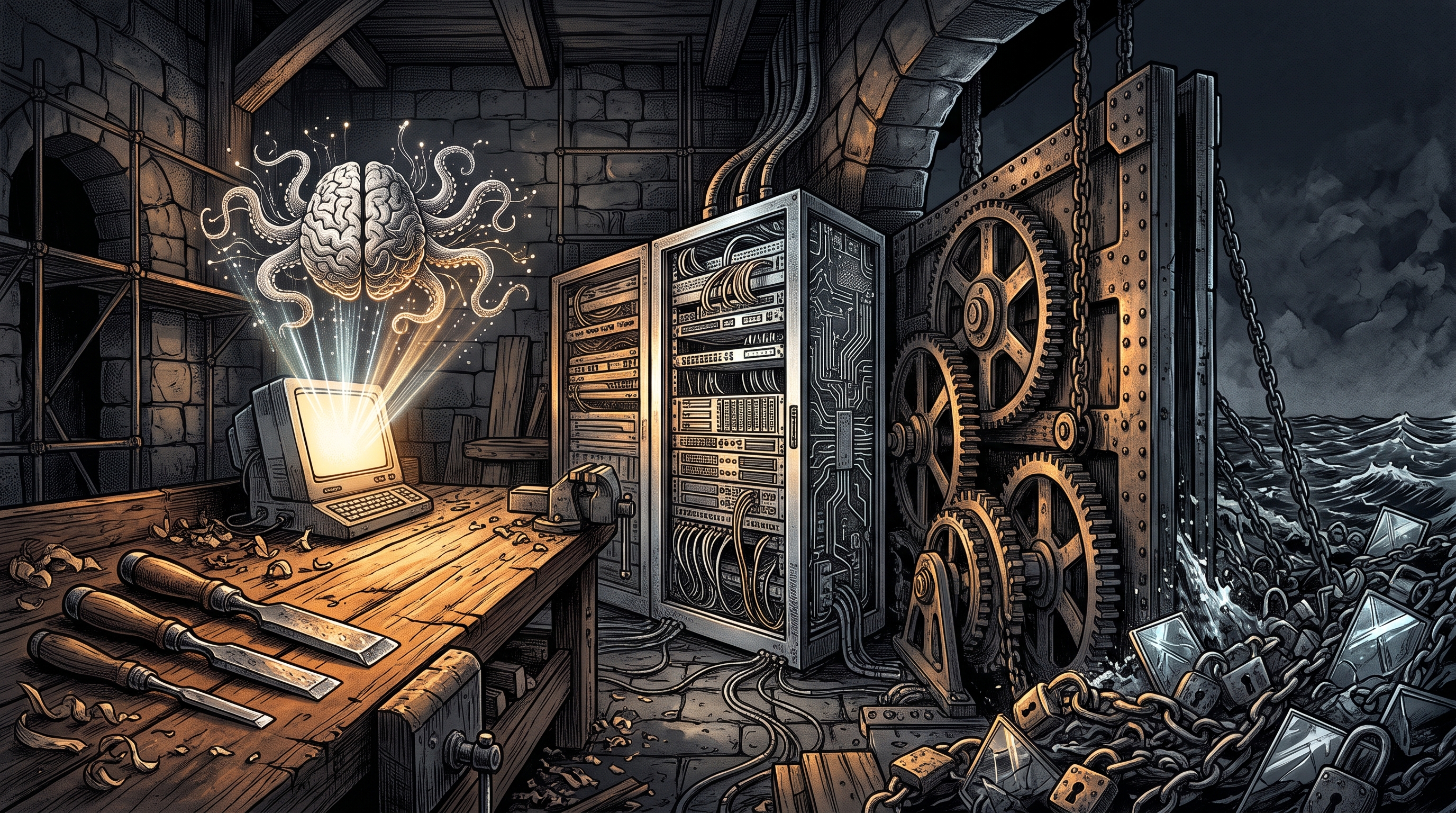 A craftsman workbench merging with a bare-metal server rack, forged chisels, and glowing neural pathways in dark ink-and-wash.