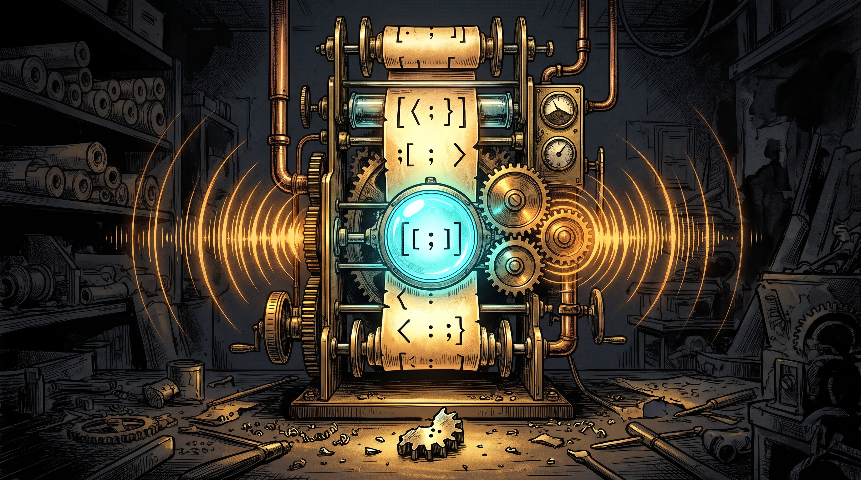A brass player-piano scroll parser with a cyan lens disarming bracket glyphs into smooth amber soundwaves in dark ink.