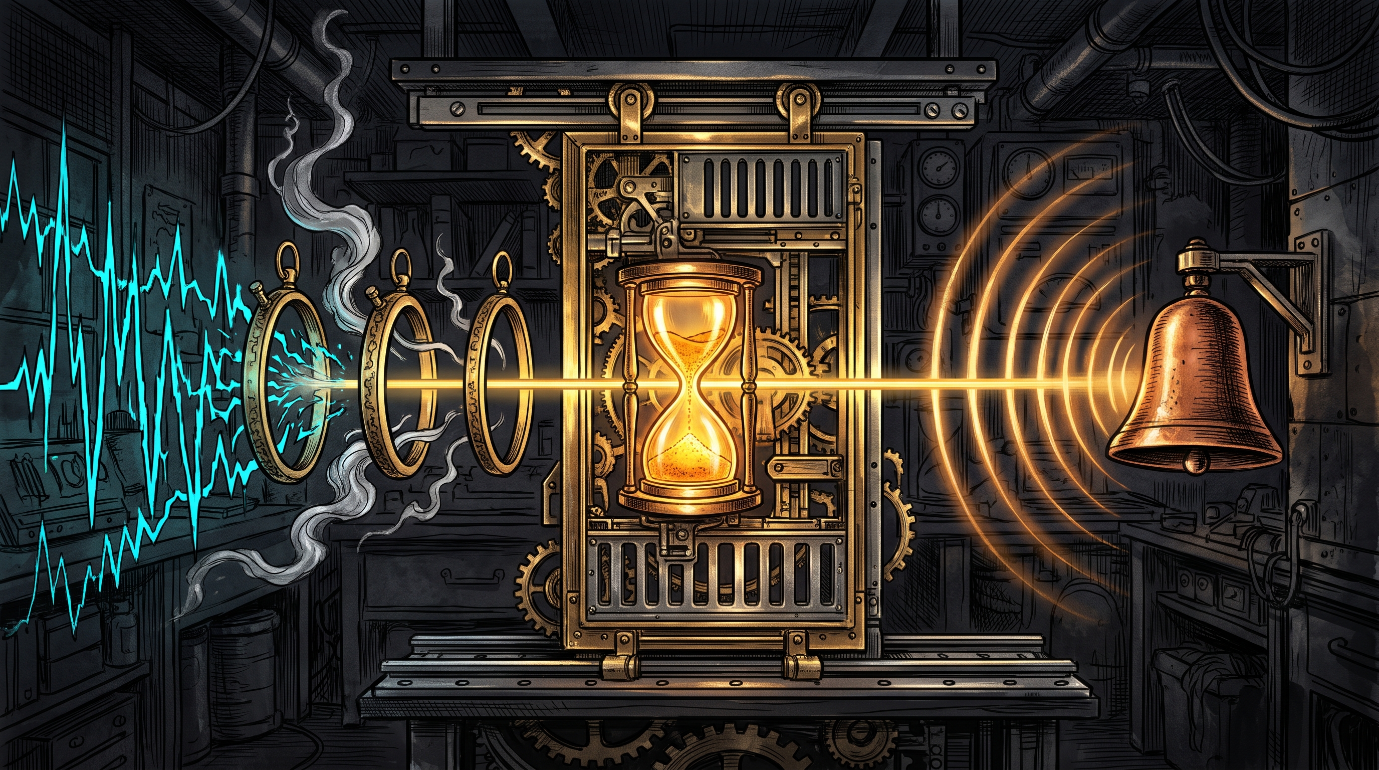 A brass mechanical hourglass and sliding-window gate filtering erratic signal spikes before striking a resonant chime.