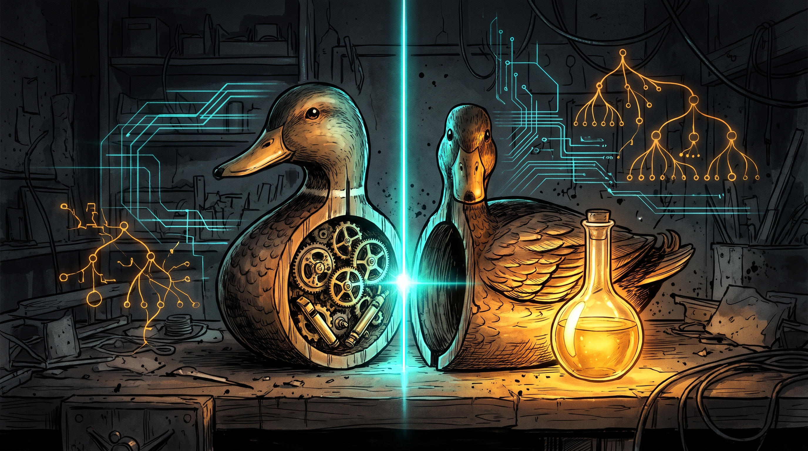 A wooden duck decoy split by a glowing cyan laser beam beside a golden flask and luminous syntax trees in a dark workshop.