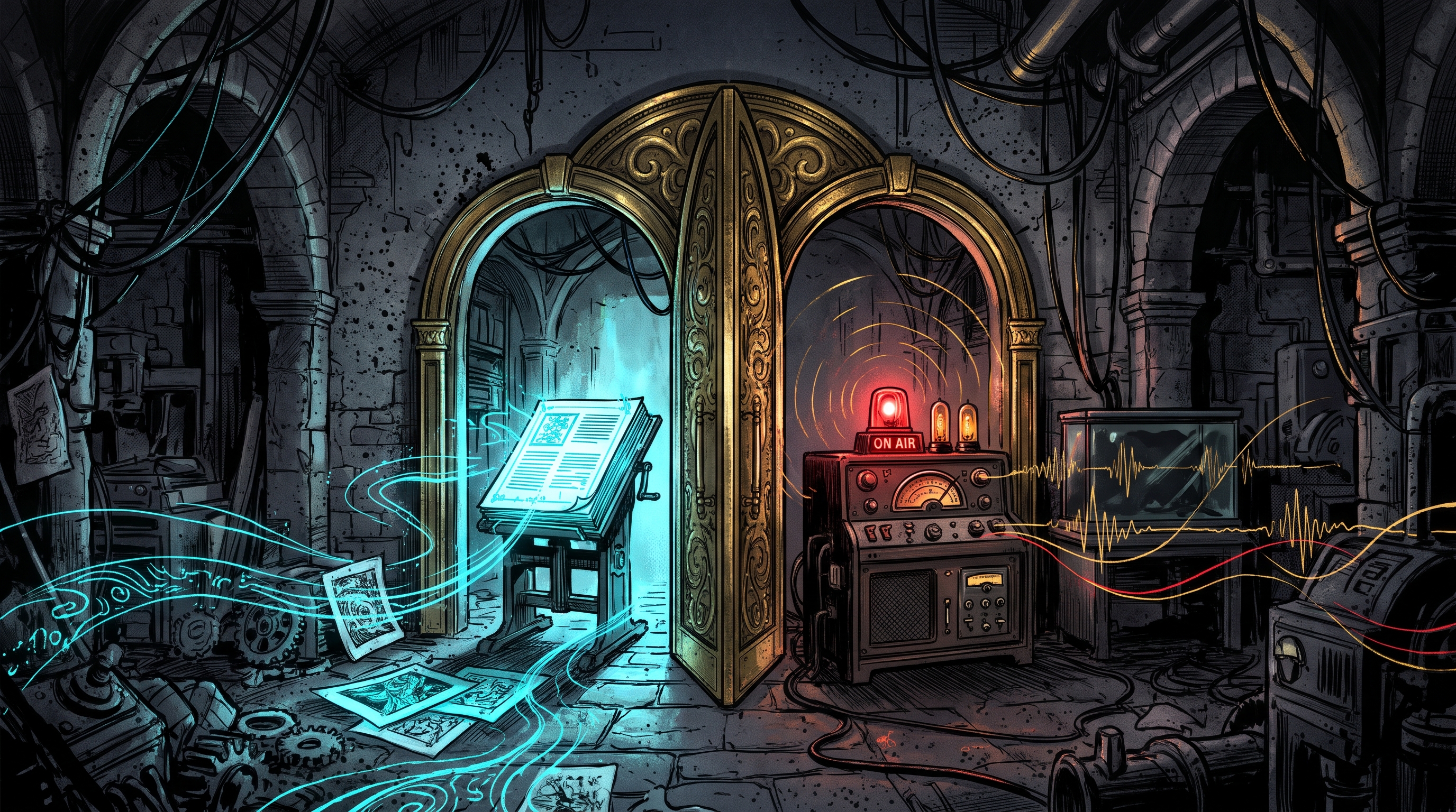 An illuminated printing press folio and a glowing red radio broadcast console side by side in a dark obsidian workshop.