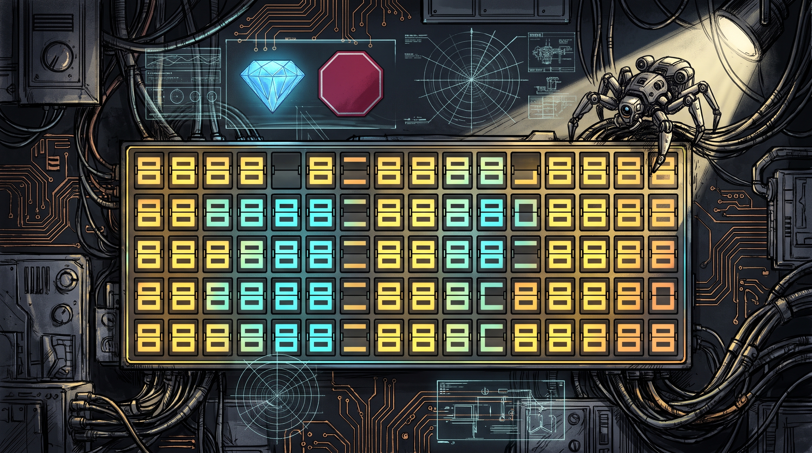 A glowing five-row gold and cyan LED split-flap matrix illuminated inside a dark obsidian-slate cybernetic studio.