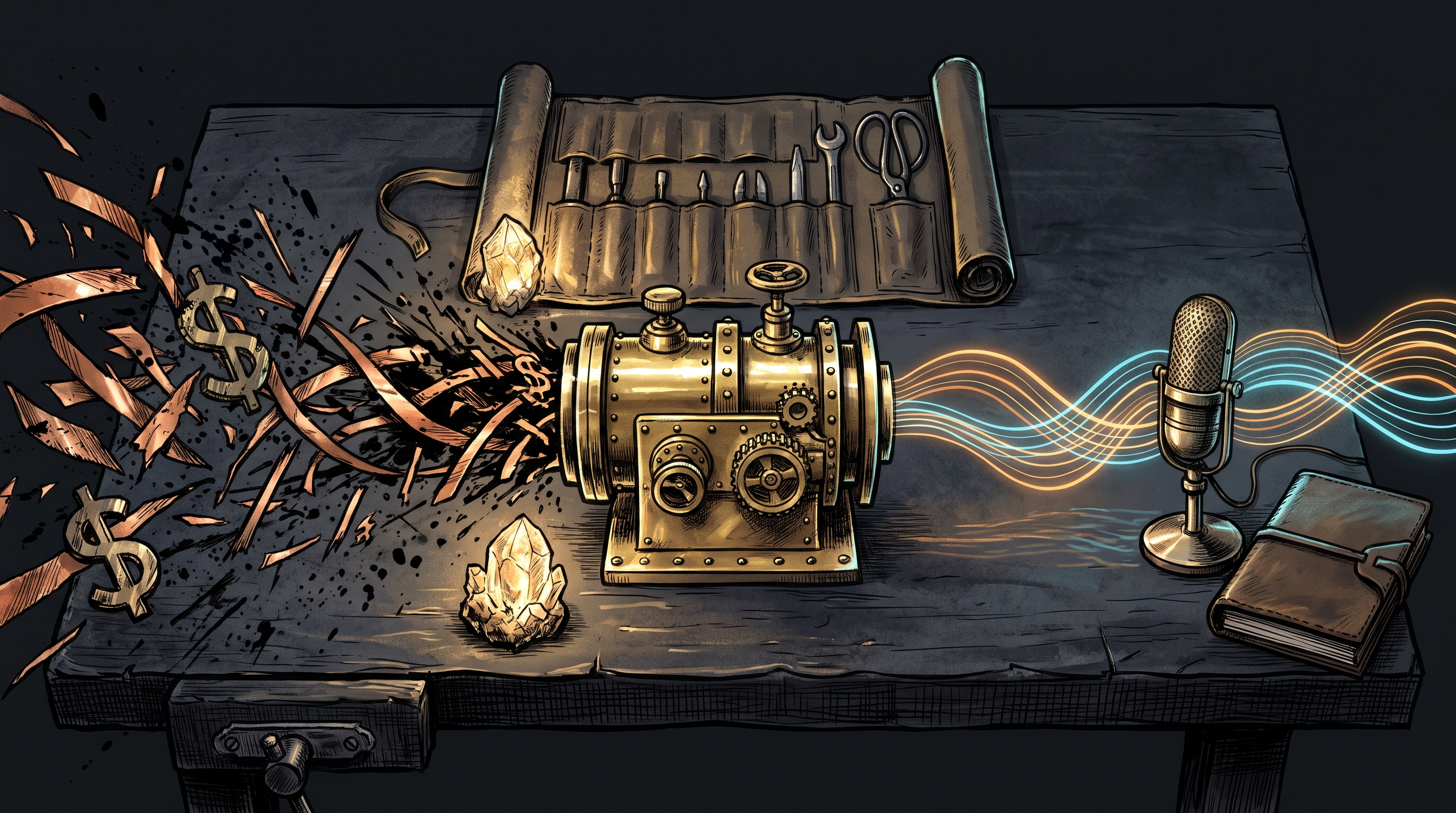 An oiled-canvas machinist tool roll unrolled beside a glowing brass airlock transforming chaotic symbols into a clean audio wave.
