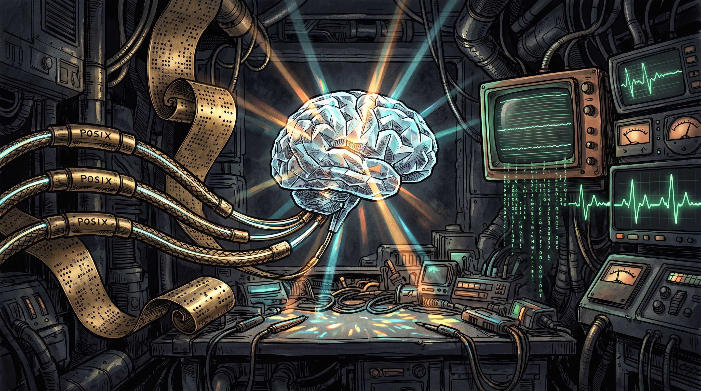 A glowing crystal brain wired to brass POSIX pipes, a player piano roll, and a CRT beam on a dark obsidian workbench.