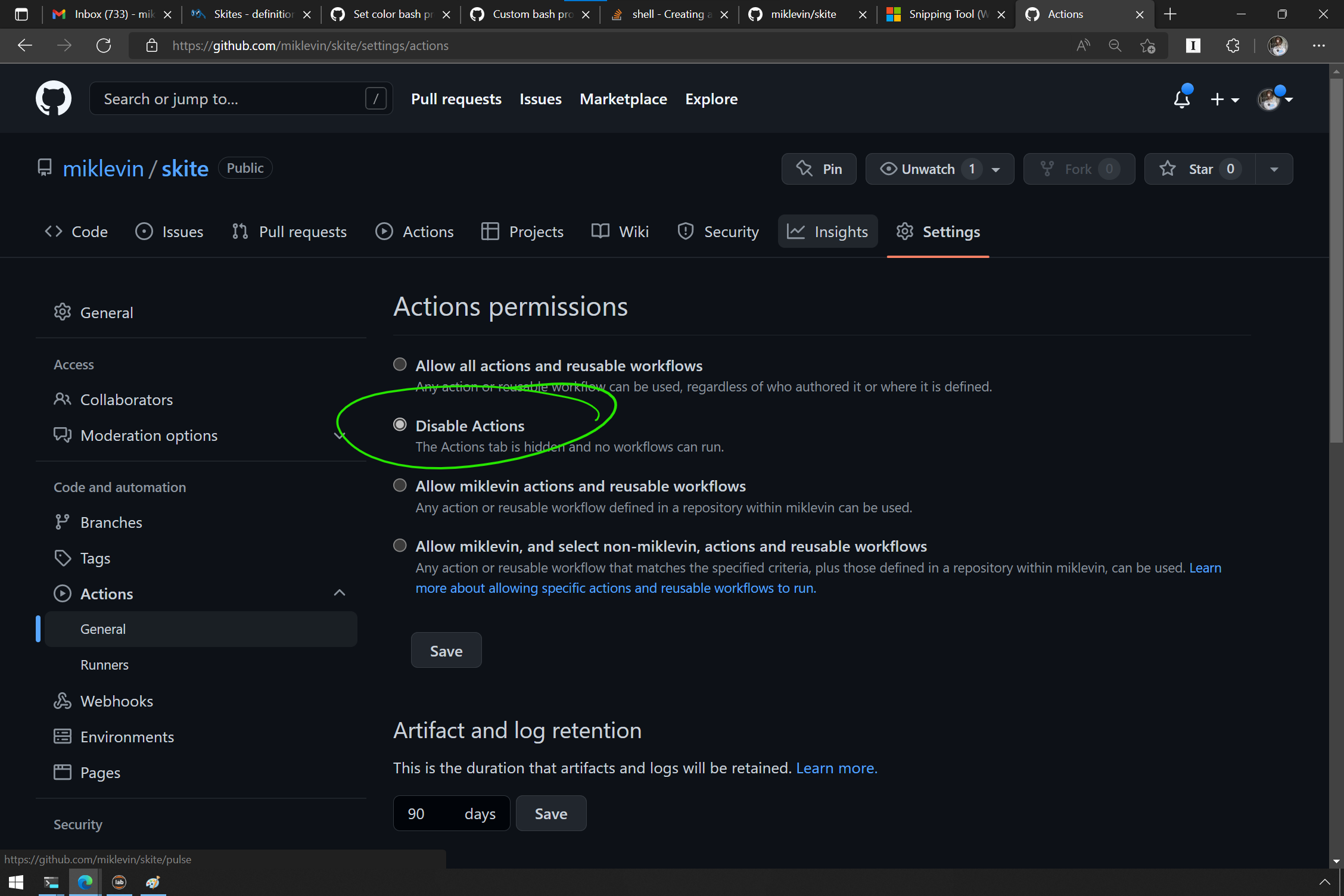 Github Repo Settings Actions General Disable Actions