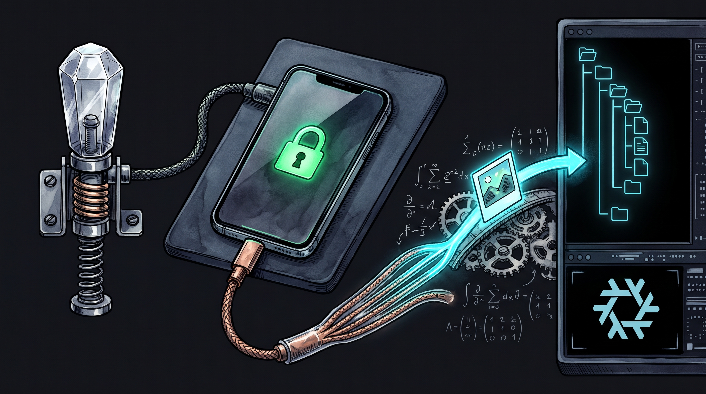 A glass smartphone connected by a glowing USB cable to an obsidian Linux workstation with transparent clockwork gears.