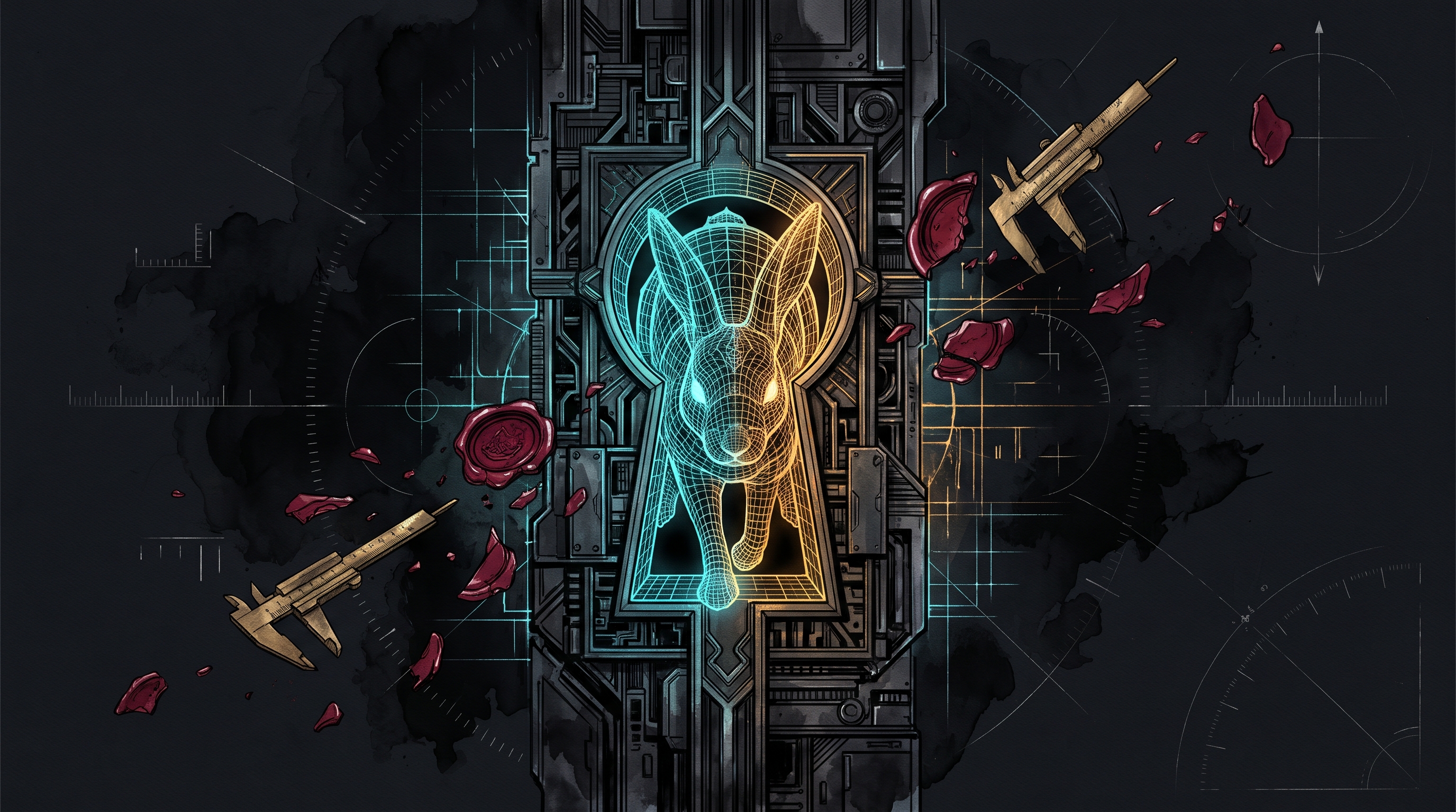 A luminous wireframe white rabbit inside a glowing geometric keyhole amid shattered wax seals on dark obsidian slate.