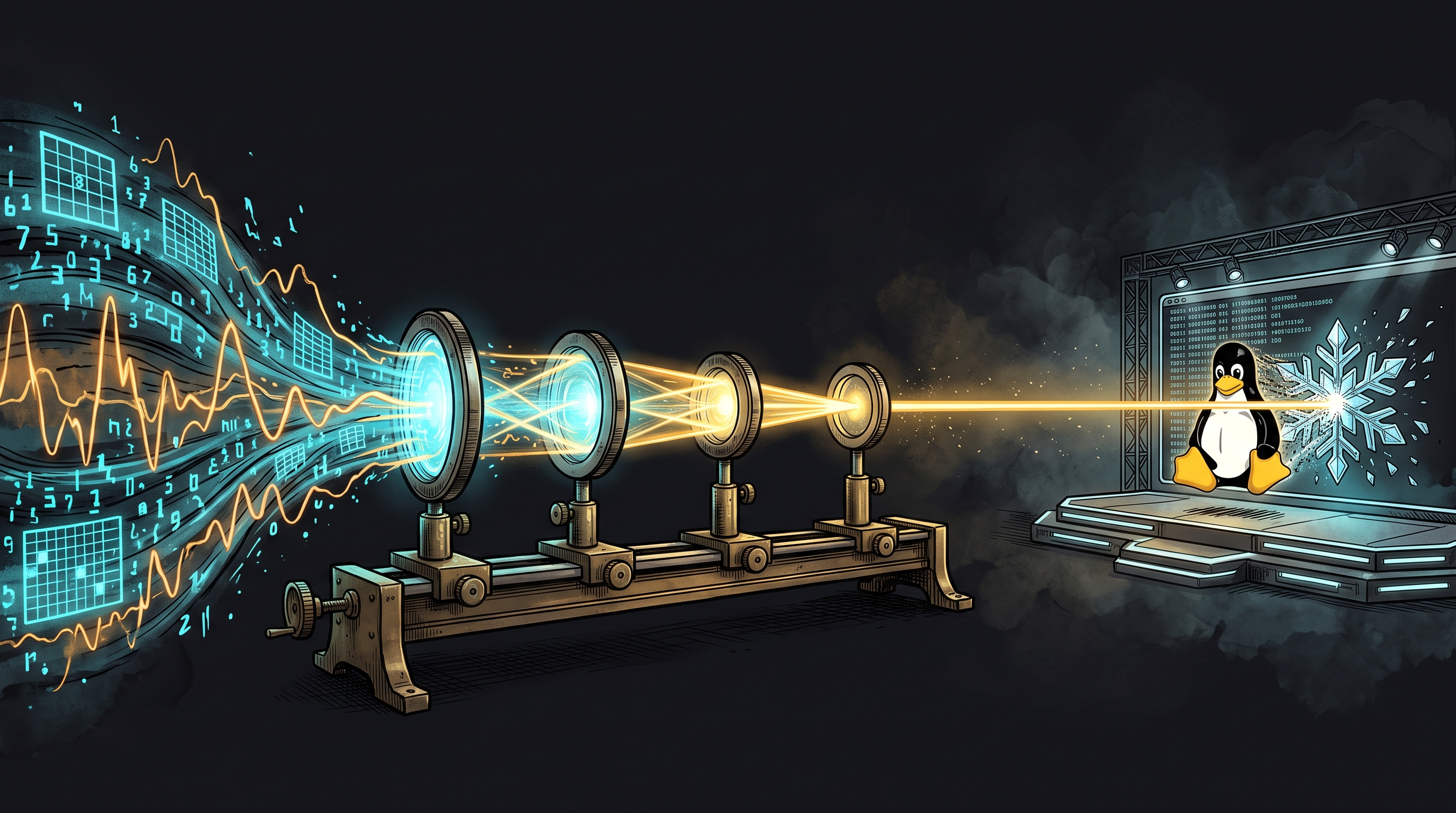 An optical bench of four glowing lenses focusing streaming Markov data waves onto a dark broadcast studio stage.