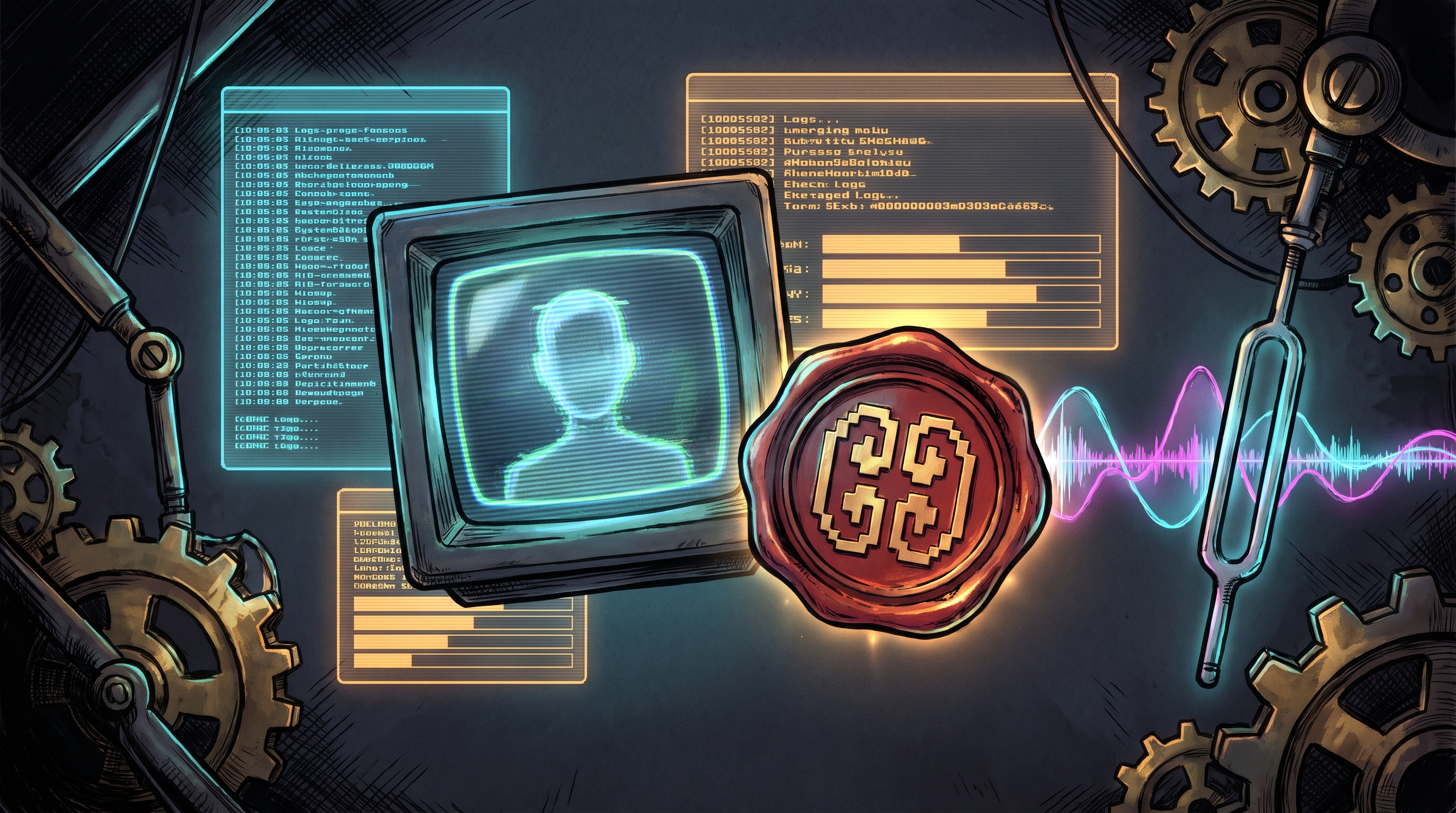 A square retro scanline avatar frame and circular wax seal floating dead-center over glowing terminal log panes in dark ink.