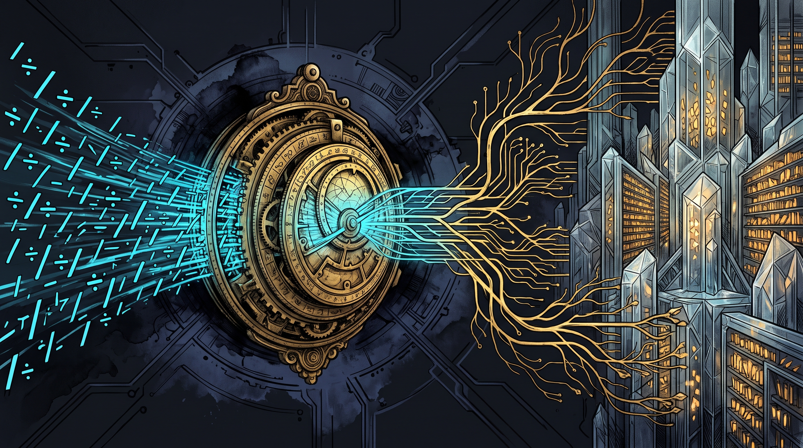 A brass decoder ring turning division slashes into file paths inside an obsidian memory palace of glowing shards.