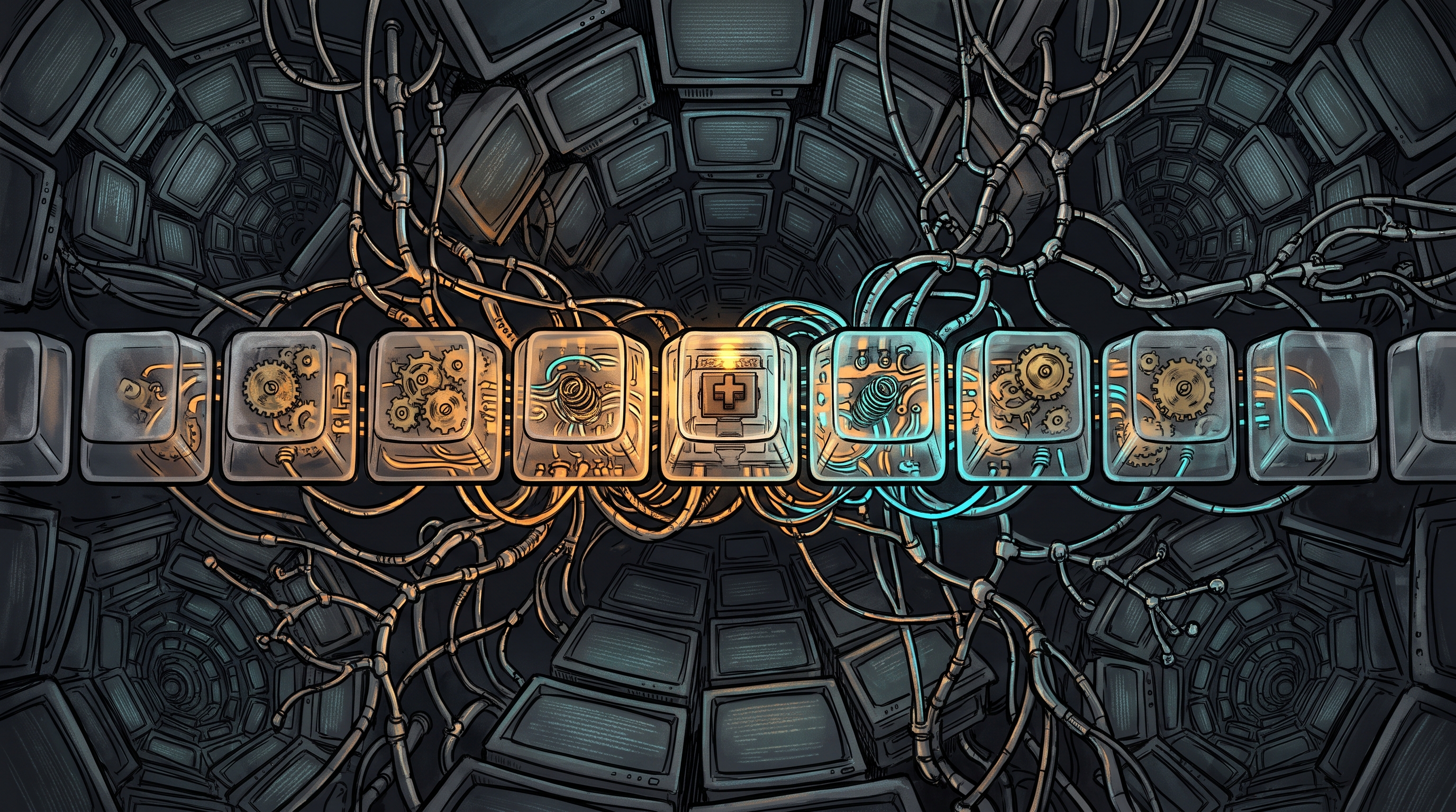 An ink-and-wash illustration of glowing mechanical function keys rewiring themselves inside an optical feedback loop.