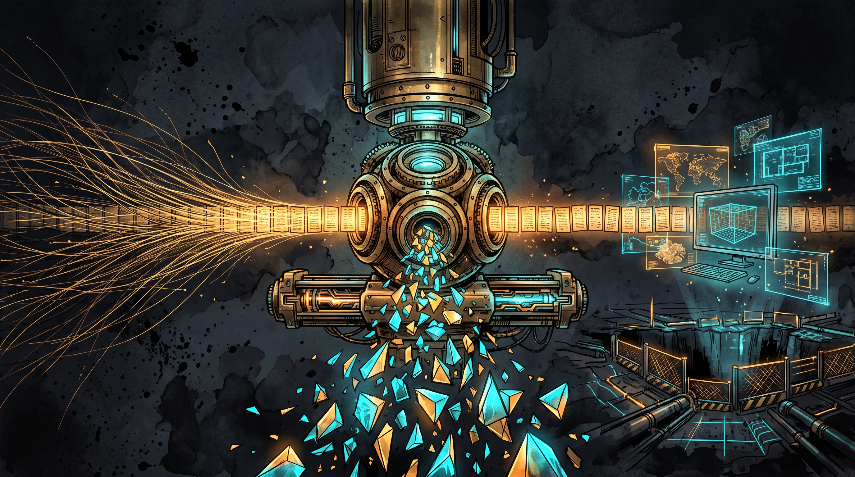 A brass three-gear optical lens slicing glowing manuscript streams across a dark obsidian terminal stage.