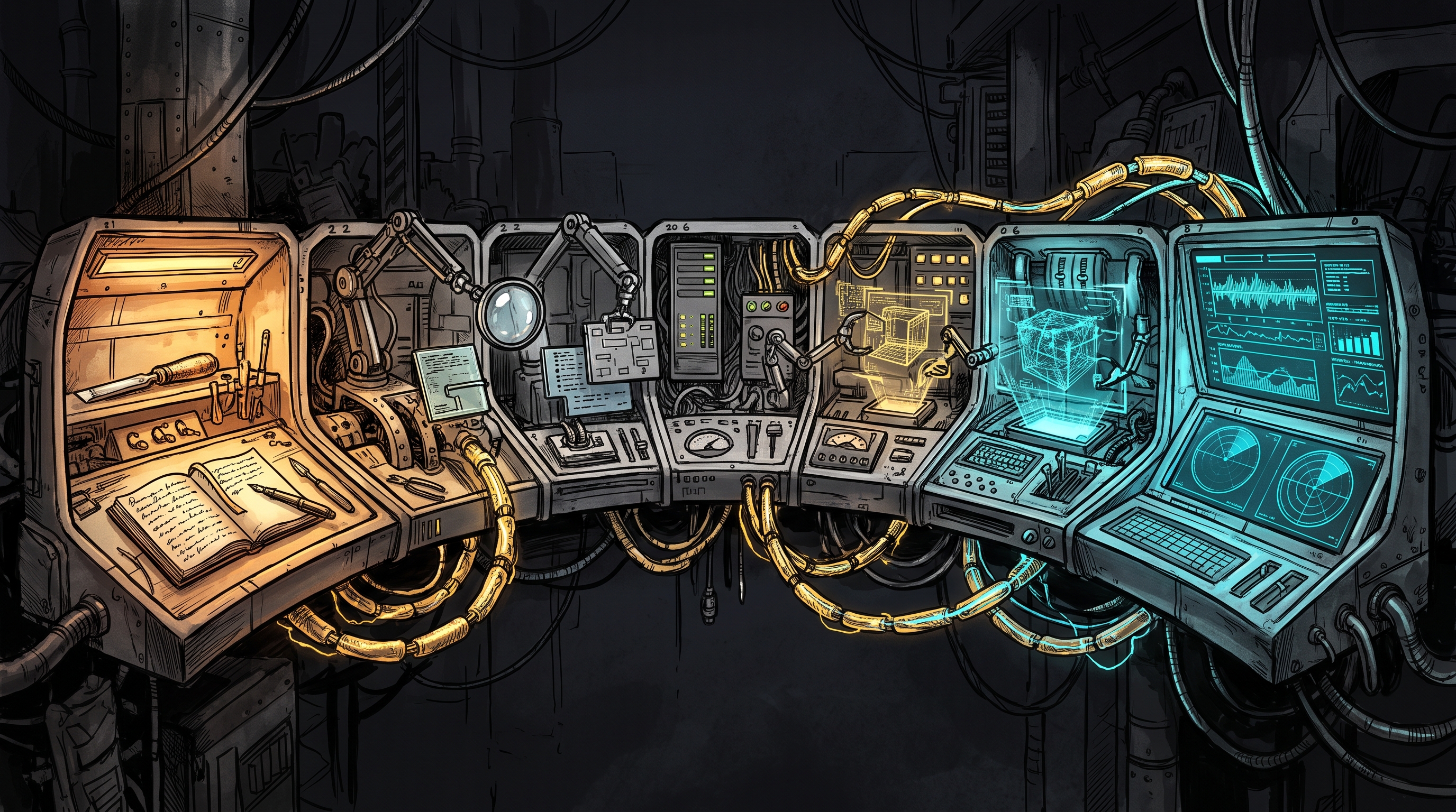 A seven-bay mechanical cockpit curving from an amber-lit journal on the left to cyan broadcast monitors on the right.