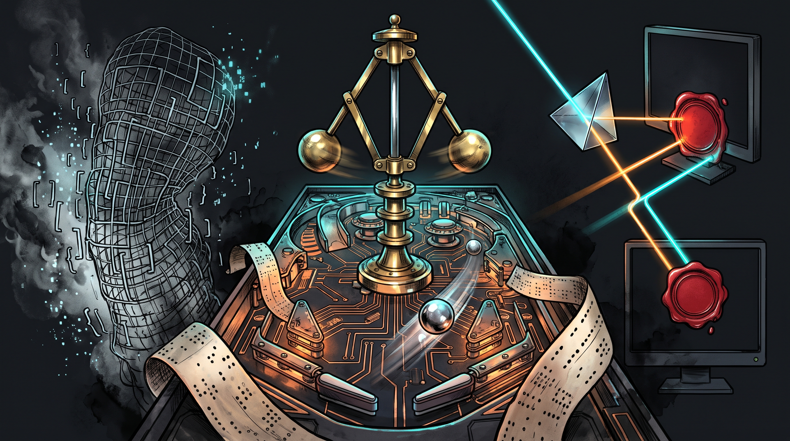 A brass flyball governor above a glowing pinball table on dark obsidian, splitting light into dual network streams.