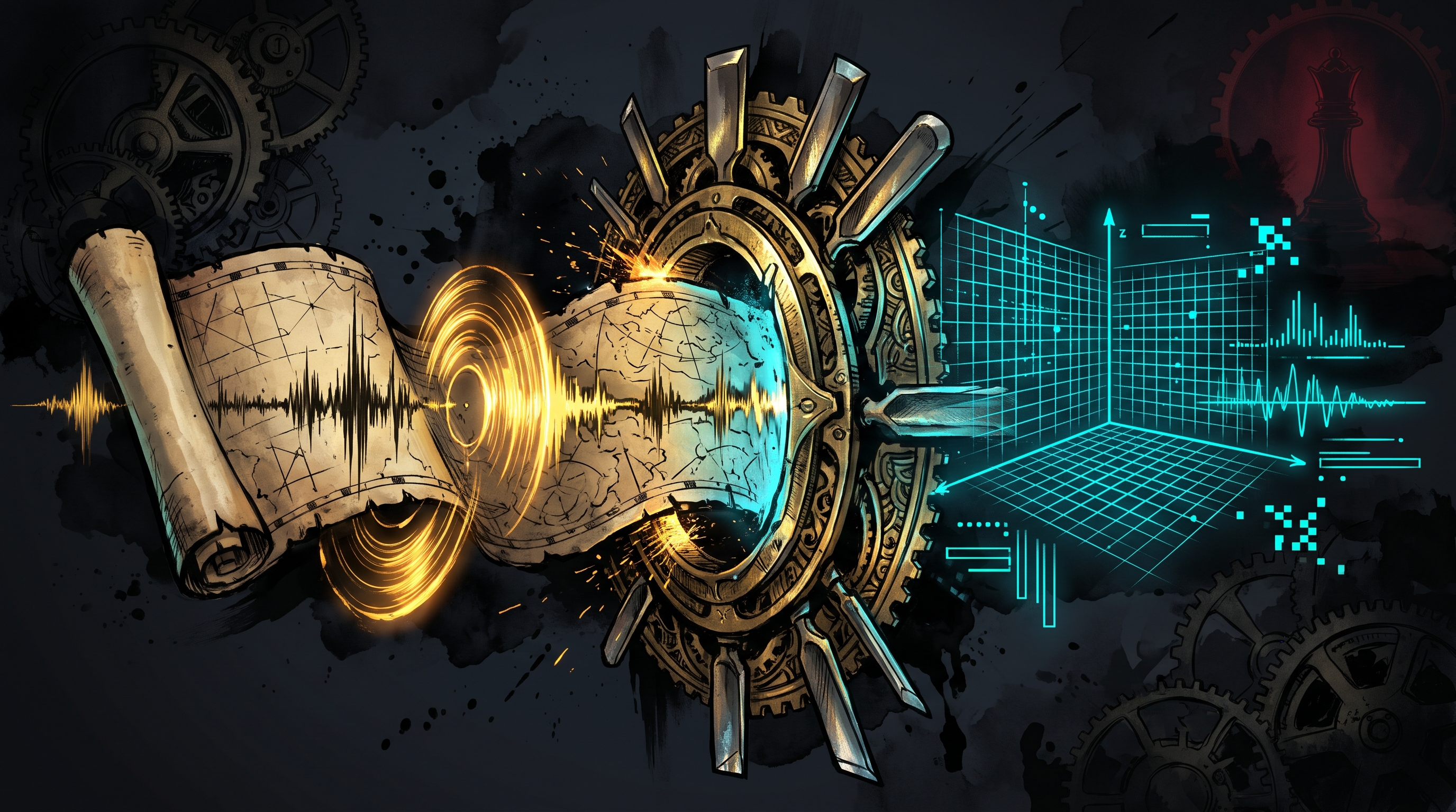 An ancient parchment scroll and vinyl wave morphing into glowing geometric vectors on a dark slate background.