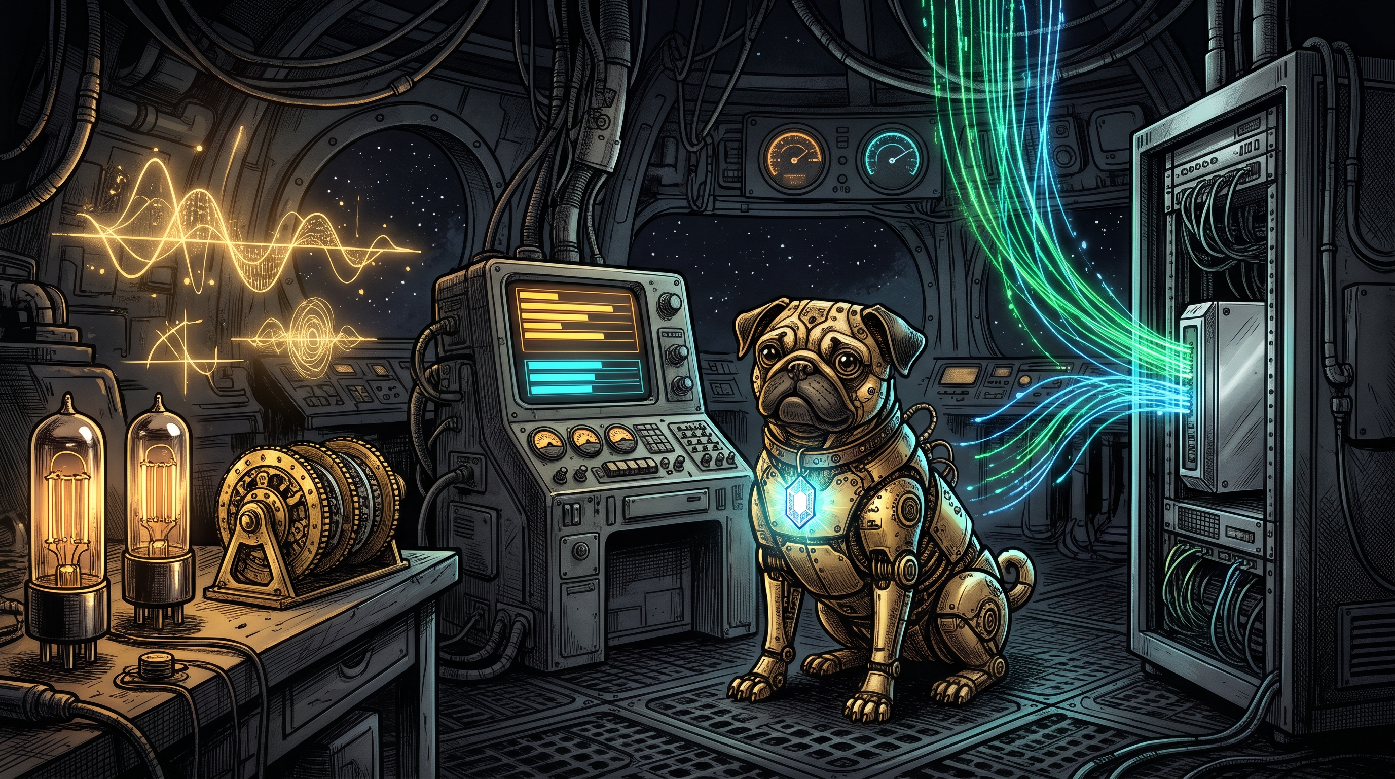 A mechanical brass pug holding a glowing Nix crystal beside a split telemetry console and a wartime cipher rotor.
