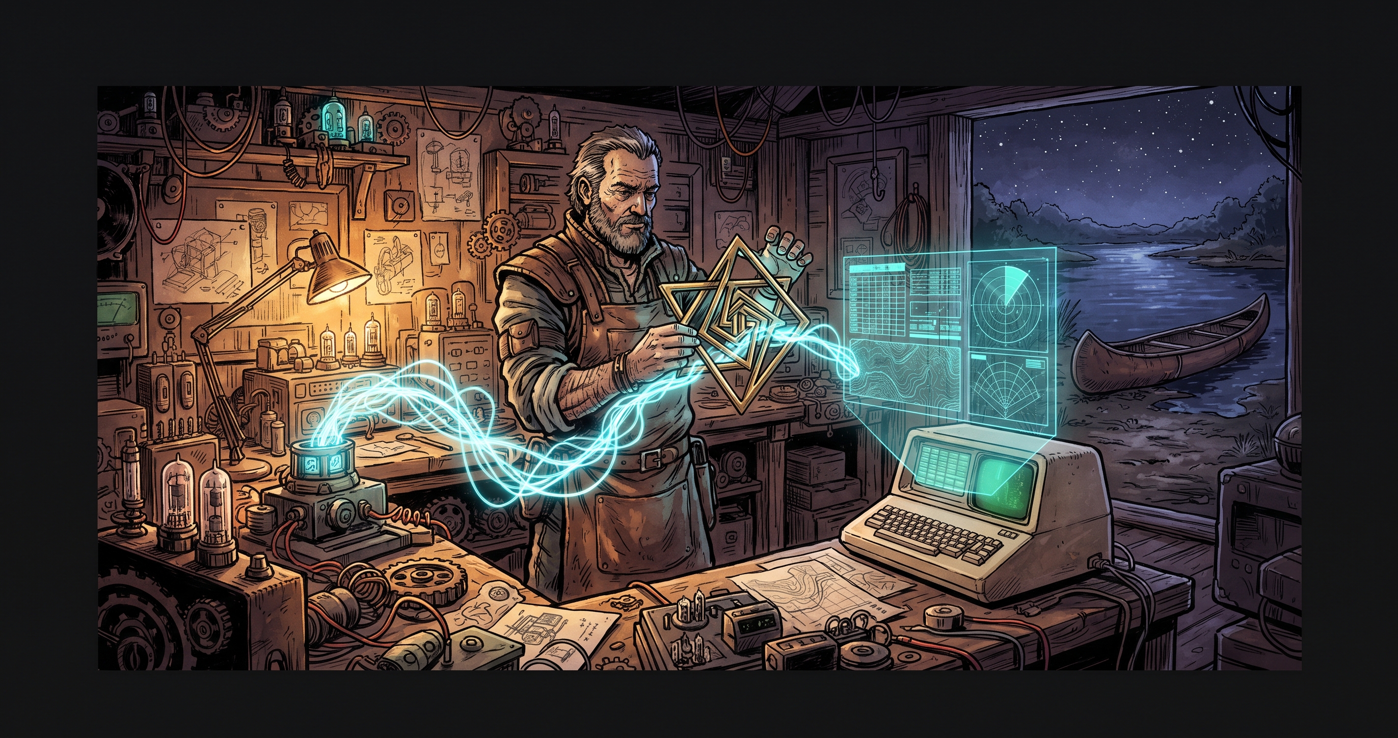 A craftsman rotating a brass geometric frame that refracts neon telemetry into a clear radar ledger beside a retro computer.