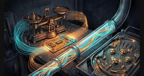 A brass wind-tunnel scale and glowing Amiga Copper circuit feeding a luminous Unix pipe across a dark obsidian workspace.