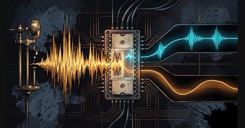 A glowing retro microchip filters amber soundwaves beneath a bright cyan vocal waveform in a dark obsidian studio.