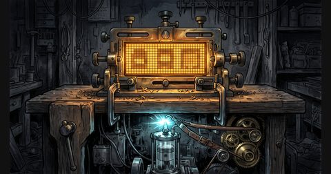 An ink-and-wash illustration of a brass router jig shaping glowing amber LED block glyphs above a four-stroke engine.