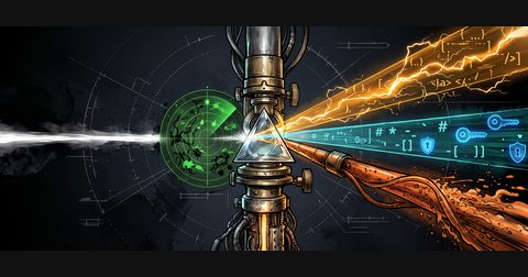 An obsidian prism splitting raw fiber-optic web traffic into glowing amber, cyan, and orange AI crawler streams.