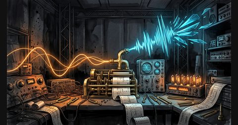 A brass player-piano mechanism and vintage oscilloscope mixing glowing cyan and amber soundwaves in a dark studio.