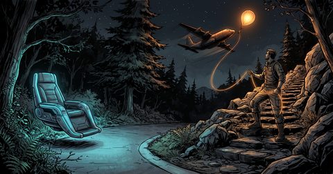 A craftsman on a stone trail beside an empty neon hover-chair as a cargo plane catches a glowing skyhook tether overhead.