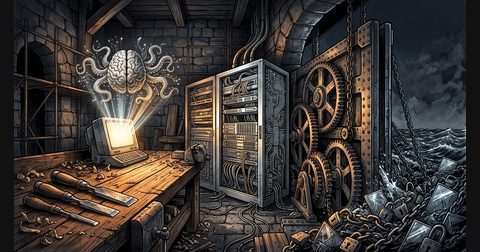 A craftsman workbench merging with a bare-metal server rack, forged chisels, and glowing neural pathways in dark ink-and-wash.