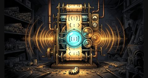 A brass player-piano scroll parser with a cyan lens disarming bracket glyphs into smooth amber soundwaves in dark ink.