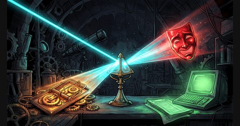 A brass spectrograph prism splitting neon-cyan fiber light to reveal a glowing red theatrical mask above a terminal ledger.