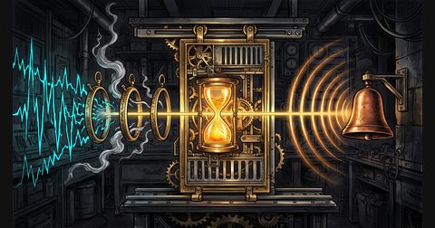 A brass mechanical hourglass and sliding-window gate filtering erratic signal spikes before striking a resonant chime.
