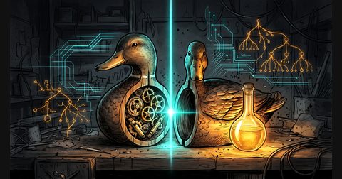 A wooden duck decoy split by a glowing cyan laser beam beside a golden flask and luminous syntax trees in a dark workshop.