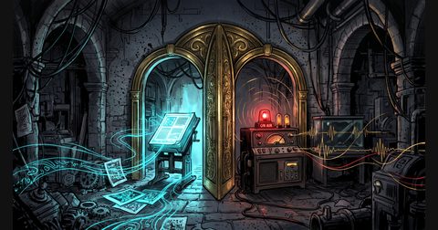An illuminated printing press folio and a glowing red radio broadcast console side by side in a dark obsidian workshop.