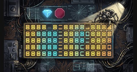 A glowing five-row gold and cyan LED split-flap matrix illuminated inside a dark obsidian-slate cybernetic studio.