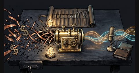 An oiled-canvas machinist tool roll unrolled beside a glowing brass airlock transforming chaotic symbols into a clean audio wave.