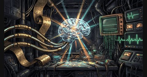 A glowing crystal brain wired to brass POSIX pipes, a player piano roll, and a CRT beam on a dark obsidian workbench.