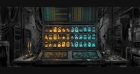 A glowing amber 3-row LED split-flap billboard mounted across a dark terminal observatory console.
