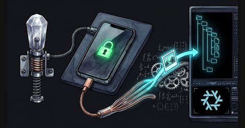 A glass smartphone connected by a glowing USB cable to an obsidian Linux workstation with transparent clockwork gears.