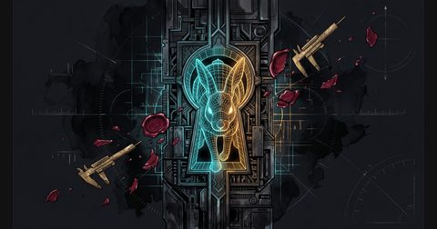 A luminous wireframe white rabbit inside a glowing geometric keyhole amid shattered wax seals on dark obsidian slate.
