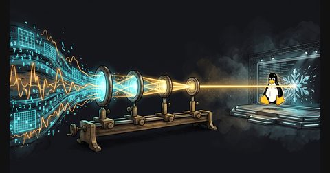 An optical bench of four glowing lenses focusing streaming Markov data waves onto a dark broadcast studio stage.