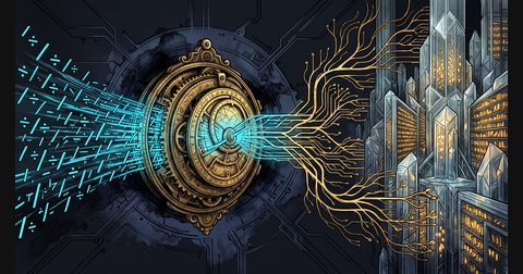A brass decoder ring turning division slashes into file paths inside an obsidian memory palace of glowing shards.