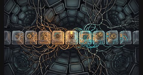 An ink-and-wash illustration of glowing mechanical function keys rewiring themselves inside an optical feedback loop.