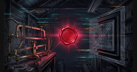 A glowing crimson wax seal floating over a brass wind-tunnel balance and dark obsidian terminal streams.