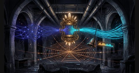 A glowing brass loom and copper spiderweb in a dark studio connecting neural crystal memory and live cyan wire streams.
