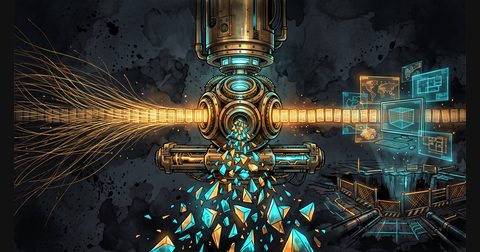 A brass three-gear optical lens slicing glowing manuscript streams across a dark obsidian terminal stage.